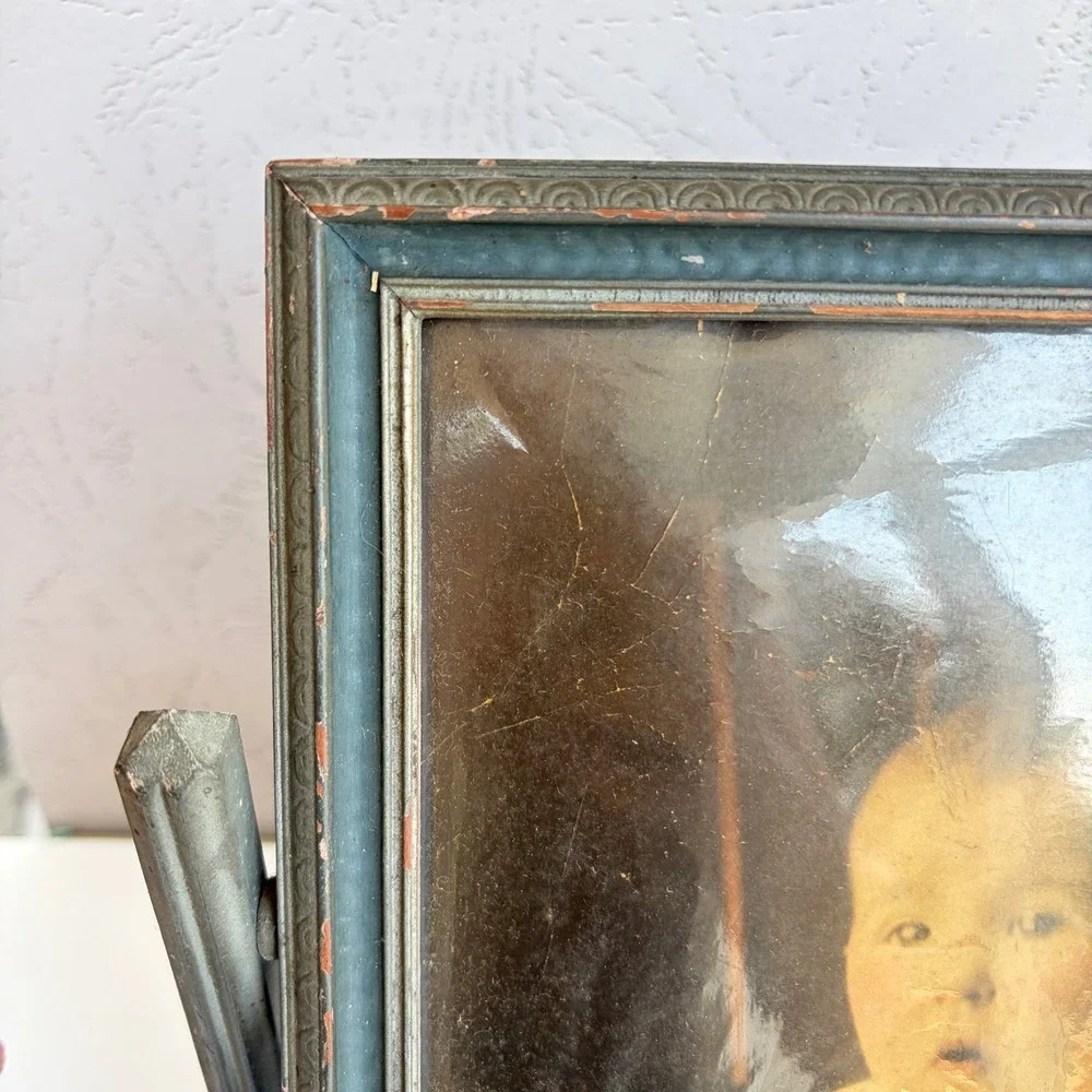 Antique Swivel Tabletop Picture Frame Green Gold Wood Baby Portrait 11 inch
